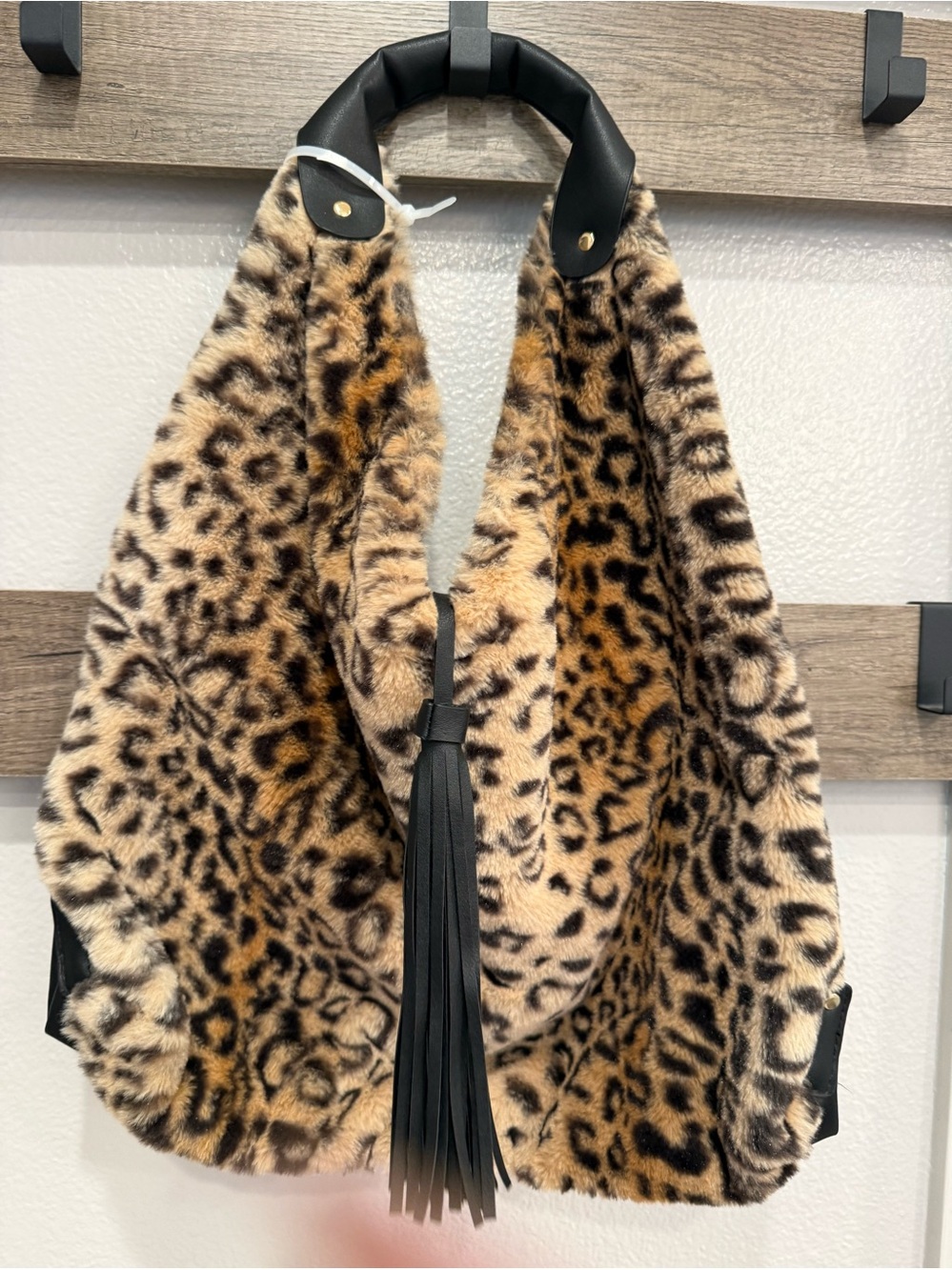 Faux-Fur Tassel Accent Leopard Print Hobo bag
